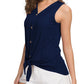 Front view of navy sleeveless top with button-down and tie design