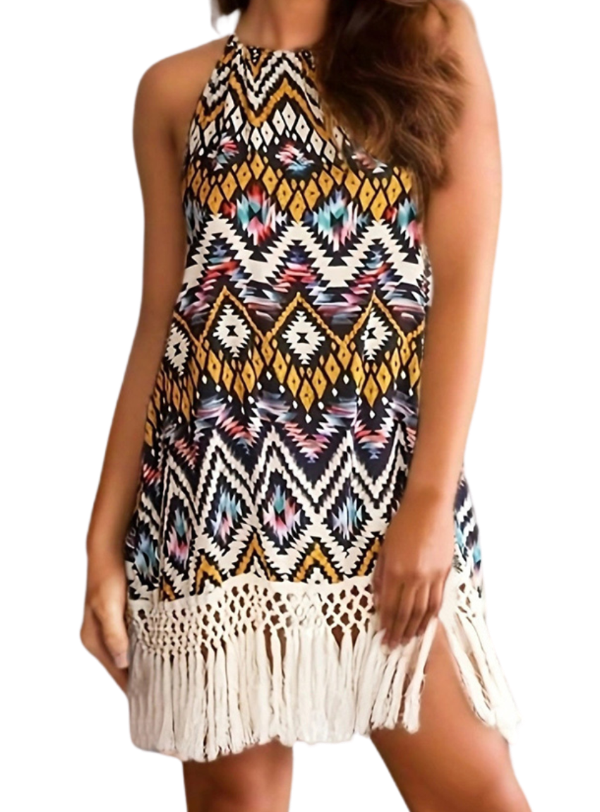 Stylish halter neck mini dress with vibrant print and playful tassels, perfect for any occasion. Chic, comfortable, and versatile.