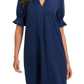 Stylish mini dress with flounce sleeves and a notched neckline, available in multiple colors for any event, casual or formal.