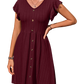 Elegant V-neck dress with playful ruffles and decorative buttons, perfect for any occasion. Available in six colors for a versatile wardrobe.