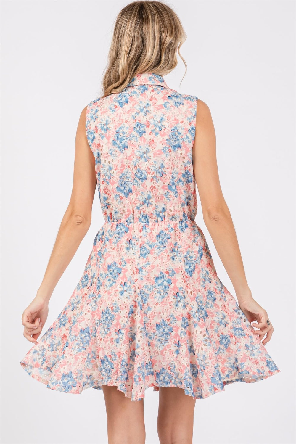 Floral Eyelet Sleeveless Mini Dress with Collar & Tie Waist