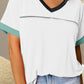 White V-neck tee with contrasting black trim and aqua sleeves.