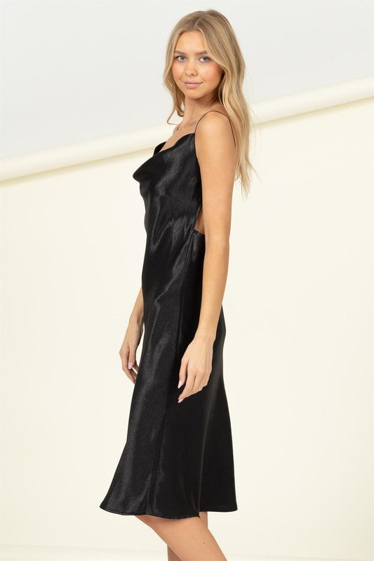 Light black satin midi dress with a stylish look