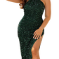 Turn heads in this dazzling green halter dress with sequins and a chic side split. Perfect for any glamorous occasion!
