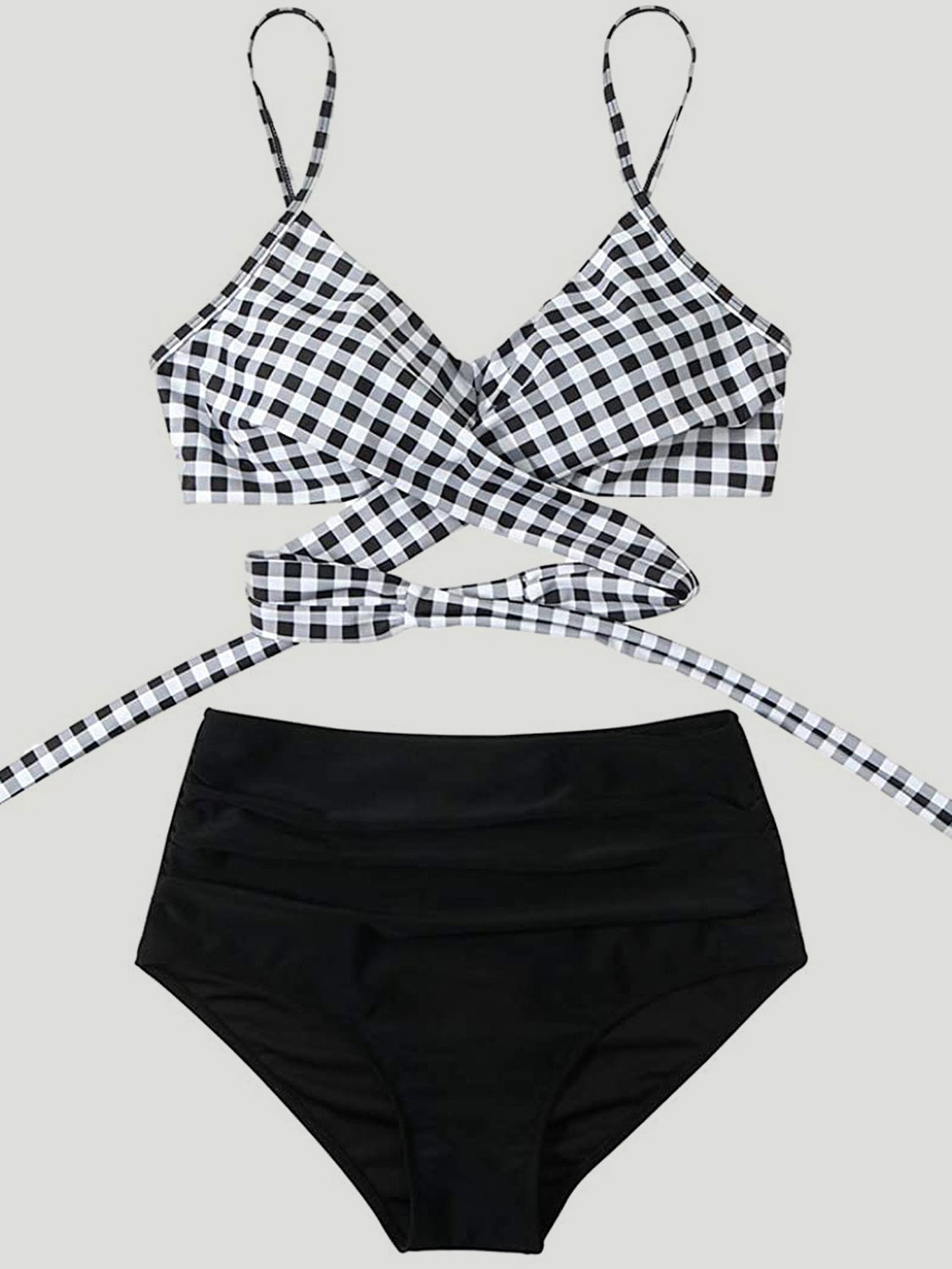 Black and White Checkered Two Piece Swim Set with Spaghetti Straps and High Waisted Bottoms