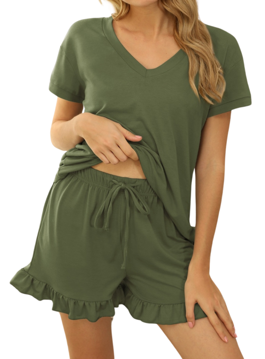 Luxe V-neck lounge set with drawstring shorts for ultimate comfort and style. Perfect for relaxation or casual outings. Easy care, chic design.