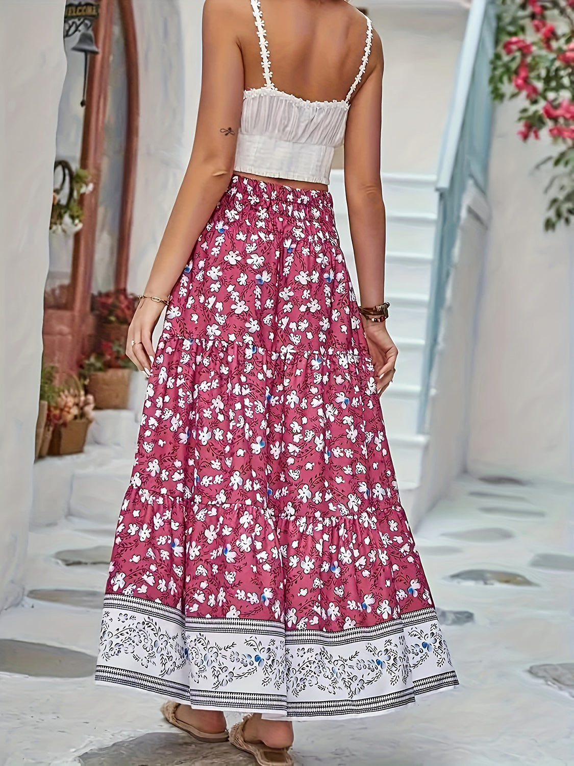 Red boho skirt with intricate floral pattern