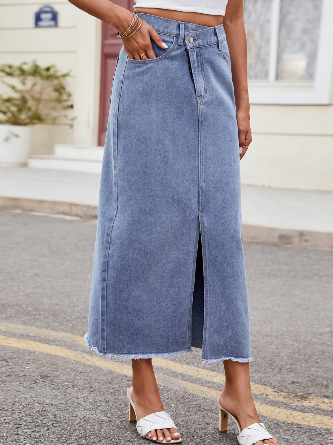 Classic blue denim skirt in a high-waisted design.