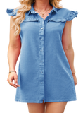 Chic denim dress with cap sleeves and ruffled neckline for a perfect blend of casual elegance and comfort.