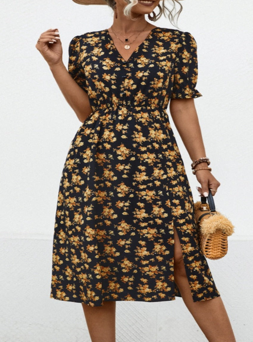 V-Neck Floral Midi Length Short Sleeve Dress with Slit