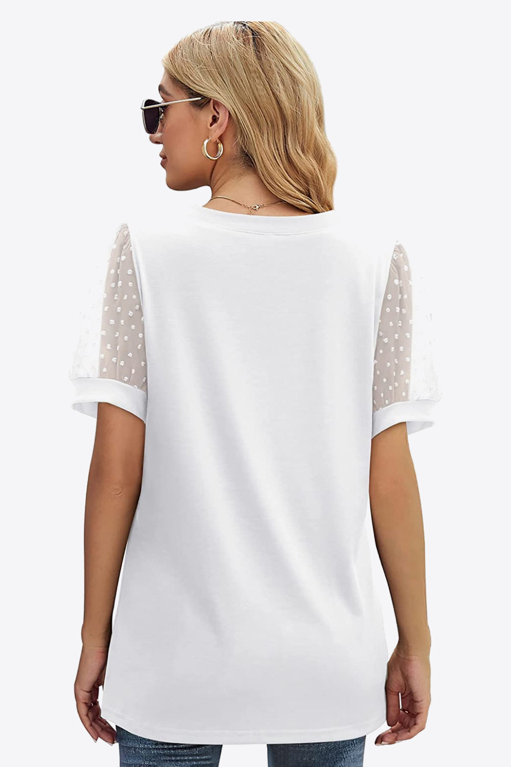 V-Neck Women's T-Shirt with Sheer Swiss Dot Puff Sleeves