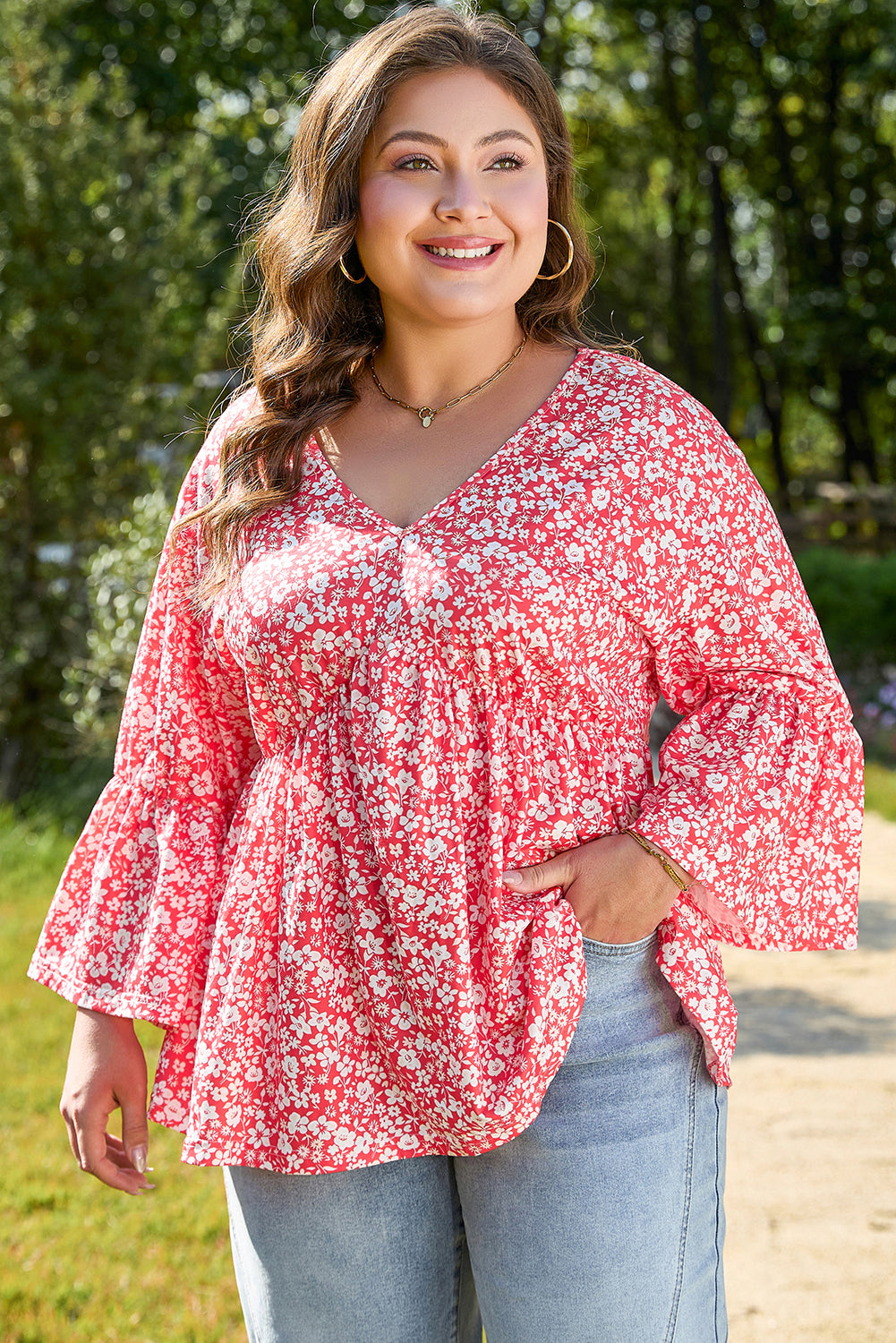 Plus Size Floral V-Neck Blouse – Flowy Flared Sleeve