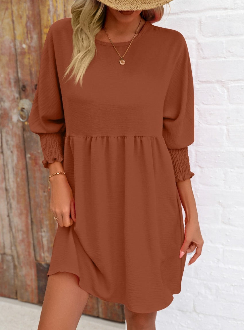 Chic Round Neck Lantern Sleeve Mini Dress for a stylish look. Perfect for any occasion, easy to style, and comfortable all day long