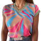 Stylish V-neck cap sleeve blouse with vibrant stripes for a chic, versatile look. Perfect for work or play