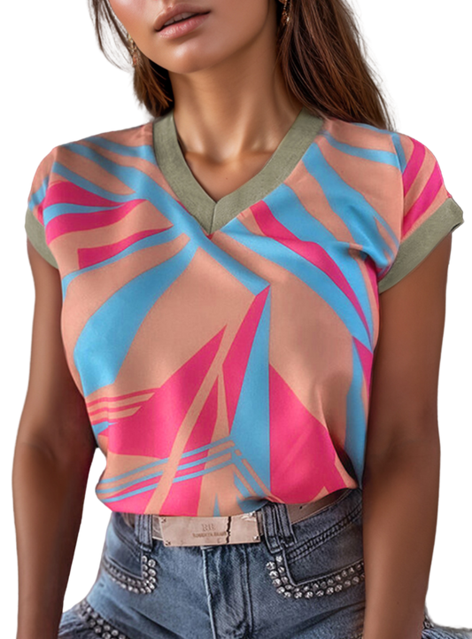 Stylish V-neck cap sleeve blouse with vibrant stripes for a chic, versatile look. Perfect for work or play