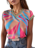 Stylish V-neck cap sleeve blouse with vibrant stripes for a chic, versatile look. Perfect for work or play
