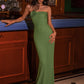 Graceful green evening dress with a strapless design and delicate flower detail
