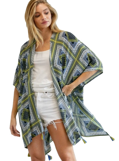 Lightweight kimono with blue, green, and white geometric patterns