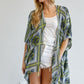 Sheer kimono featuring intricate blue and green designs