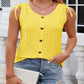Discover elegance with our yellow eyelet top! A round neck, wide straps, and breathable fabric offer style and comfort for any occasion. Shop now!