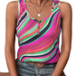 Colorful swirl pattern sleeveless top with button details.