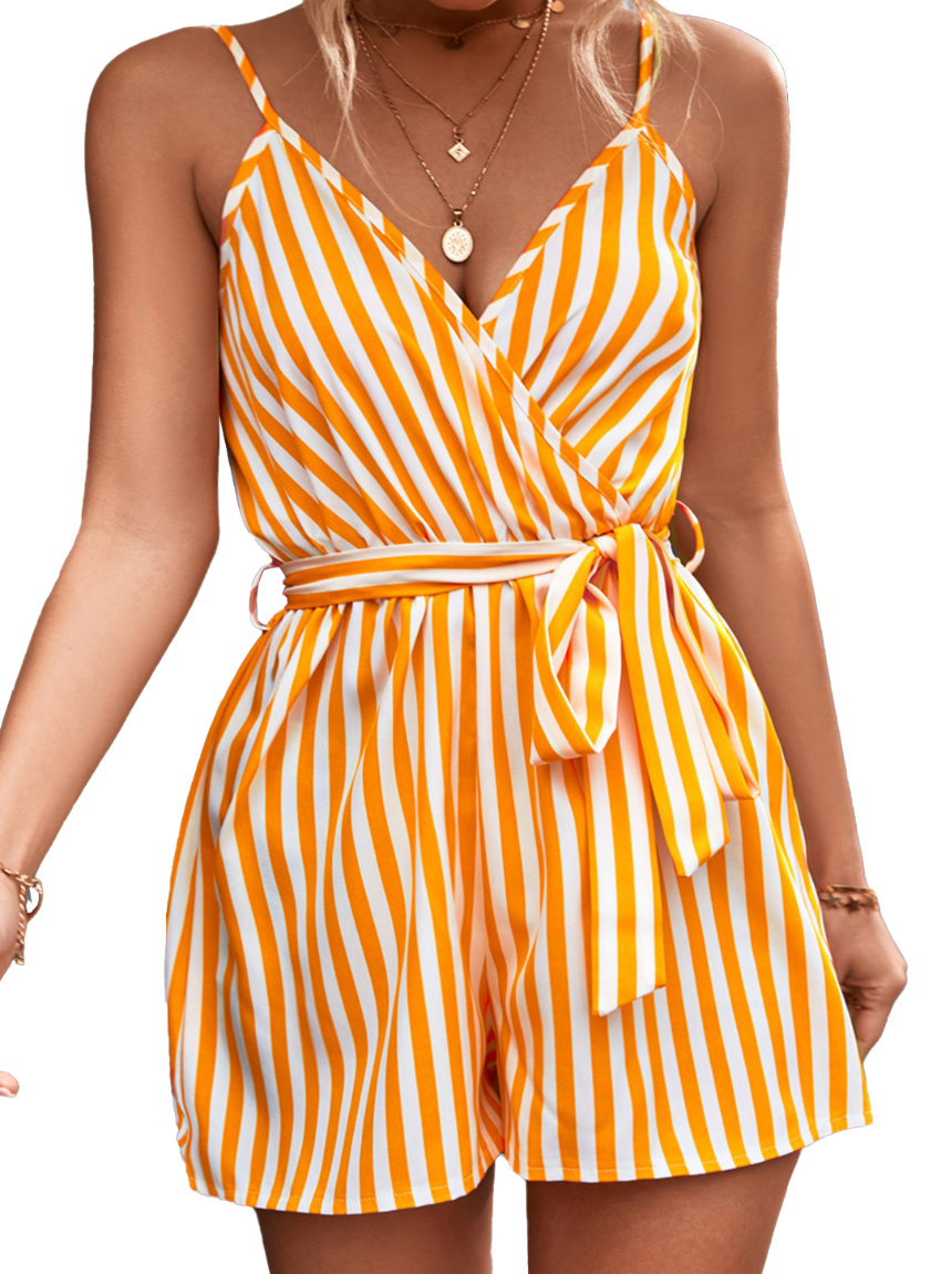 Summery striped romper with a flattering tie waist & adjustable straps. Perfect for any casual outing. Available in mustard, sky blue & black.