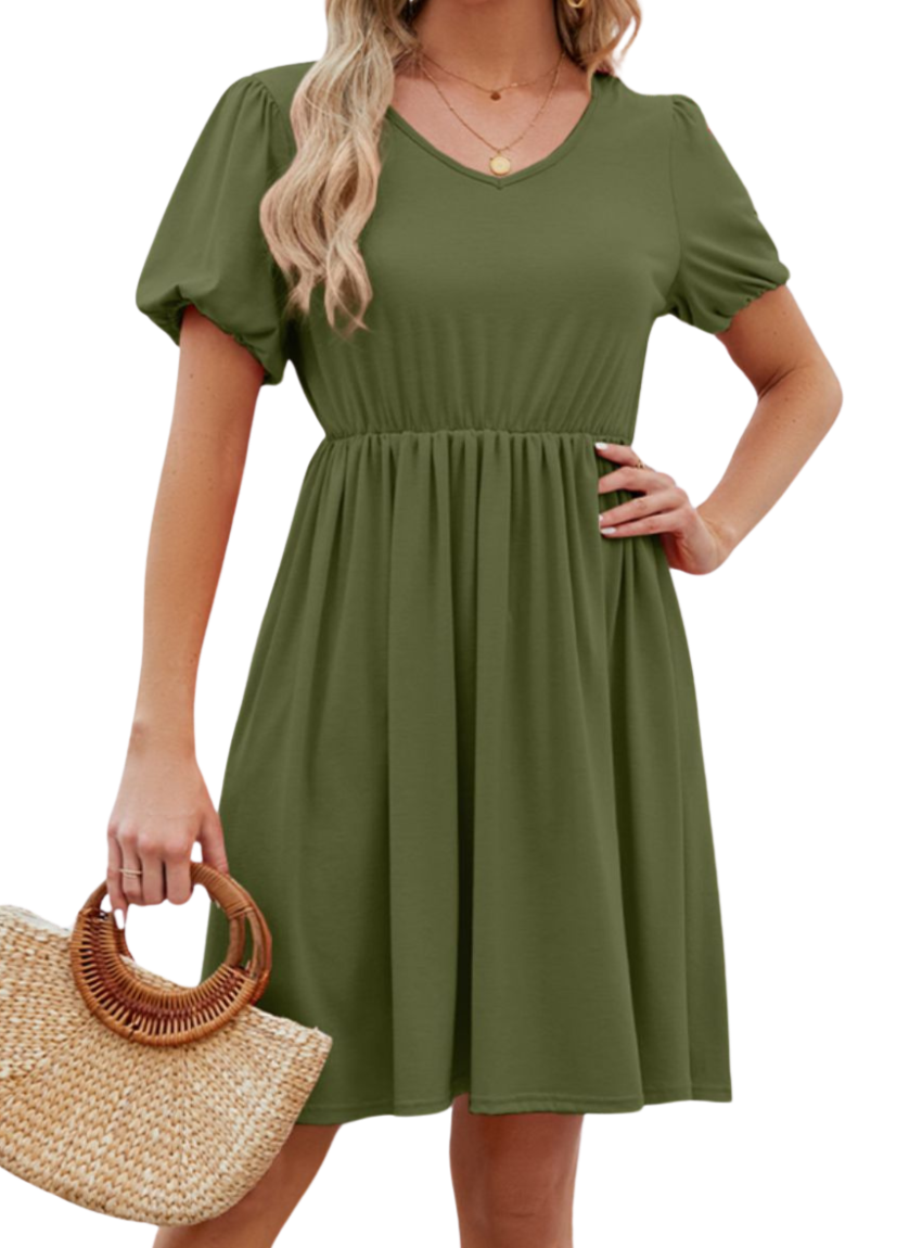 Moss V-neck dress with puff sleeves and a flared skirt.