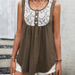 Stylish brown tank top with lace and button details.