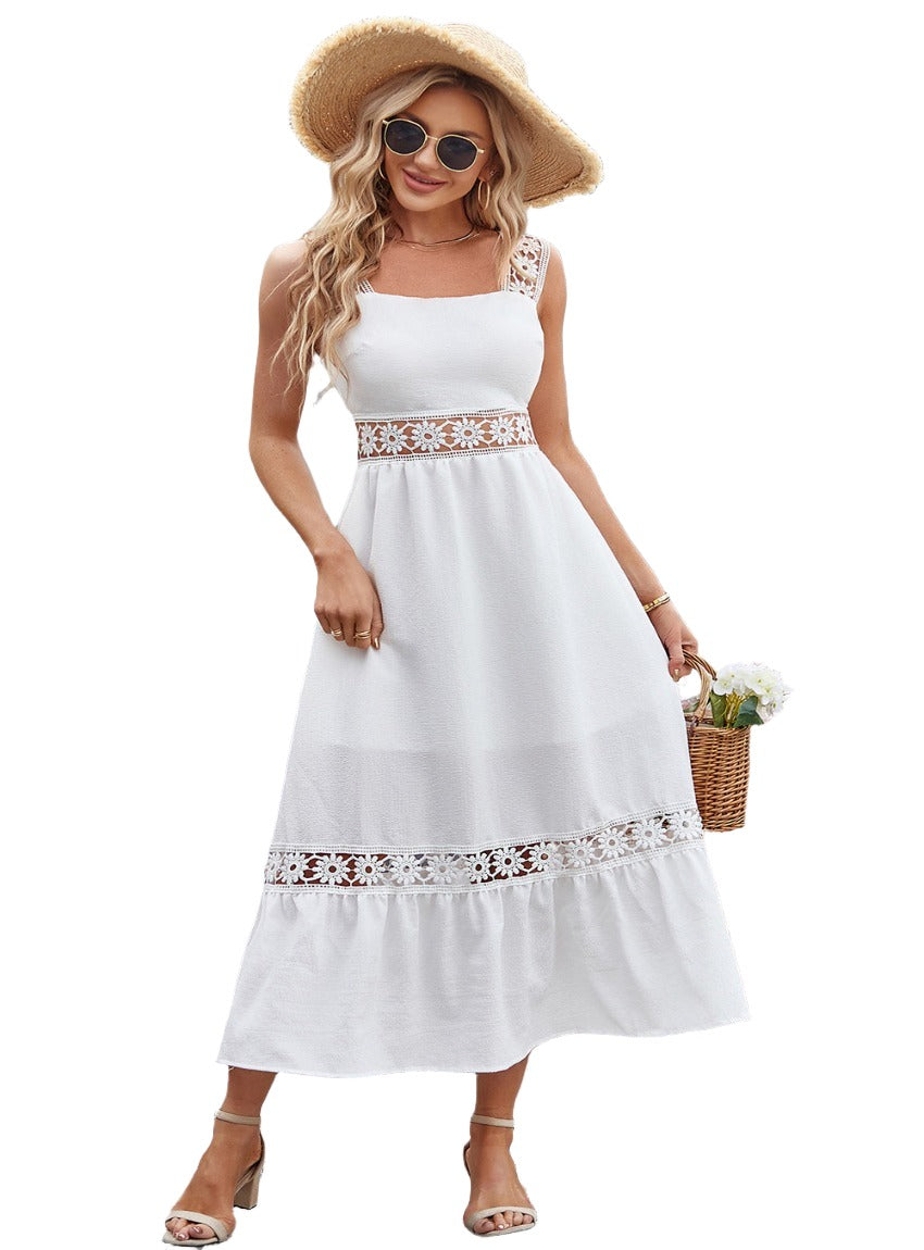 Chic Flower Crochet Midi Dress with wide straps for comfort, available in classic white and black. Perfect for any stylish occasion.