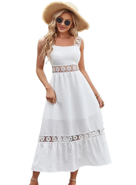 Chic Flower Crochet Midi Dress with wide straps for comfort, available in classic white and black. Perfect for any stylish occasion.