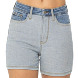 Make a bold statement with Judy Blue's Full Size Color Block Denim Shorts, offering a unique, stylish look with unbeatable comfort for all.