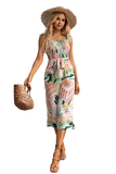 Stylish Printed Jumpsuit with ruffle straps & a smocked waist for a flattering fit. Perfect for any occasion!