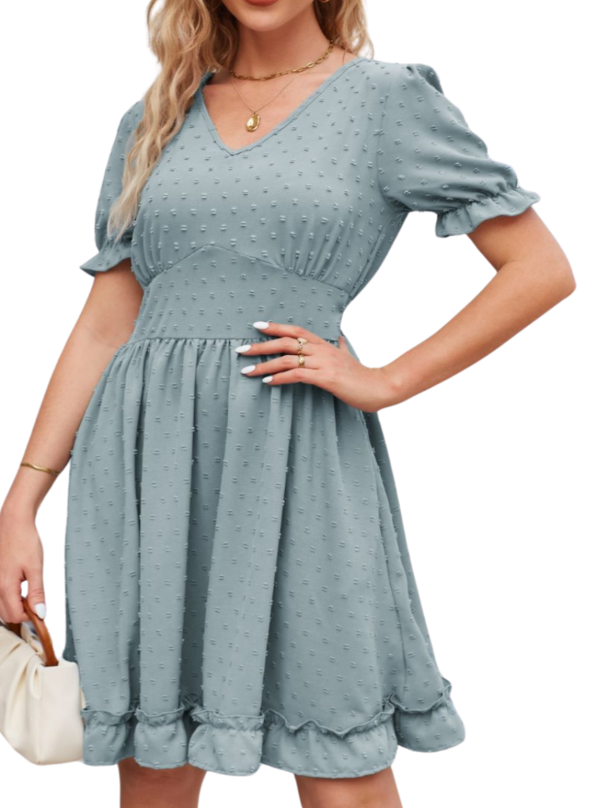 Chic Swiss Dot Dress with playful frill trim, V-neck, and flounce sleeves. Perfect for any occasion, available in 5 colors