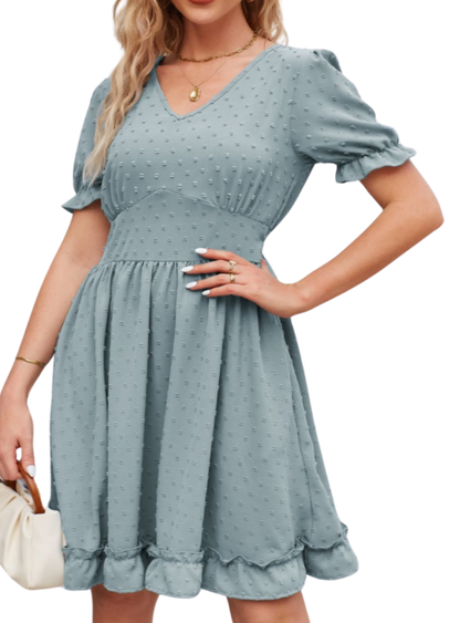 Chic Swiss Dot Dress with playful frill trim, V-neck, and flounce sleeves. Perfect for any occasion, available in 5 colors