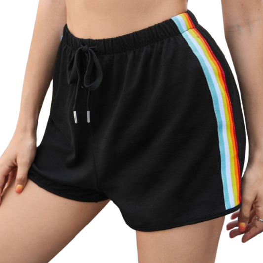 Sporty yet chic Side Stripe Drawstring Shorts perfect for casual days out or cozy lounging. Adjustable fit with vibrant style.