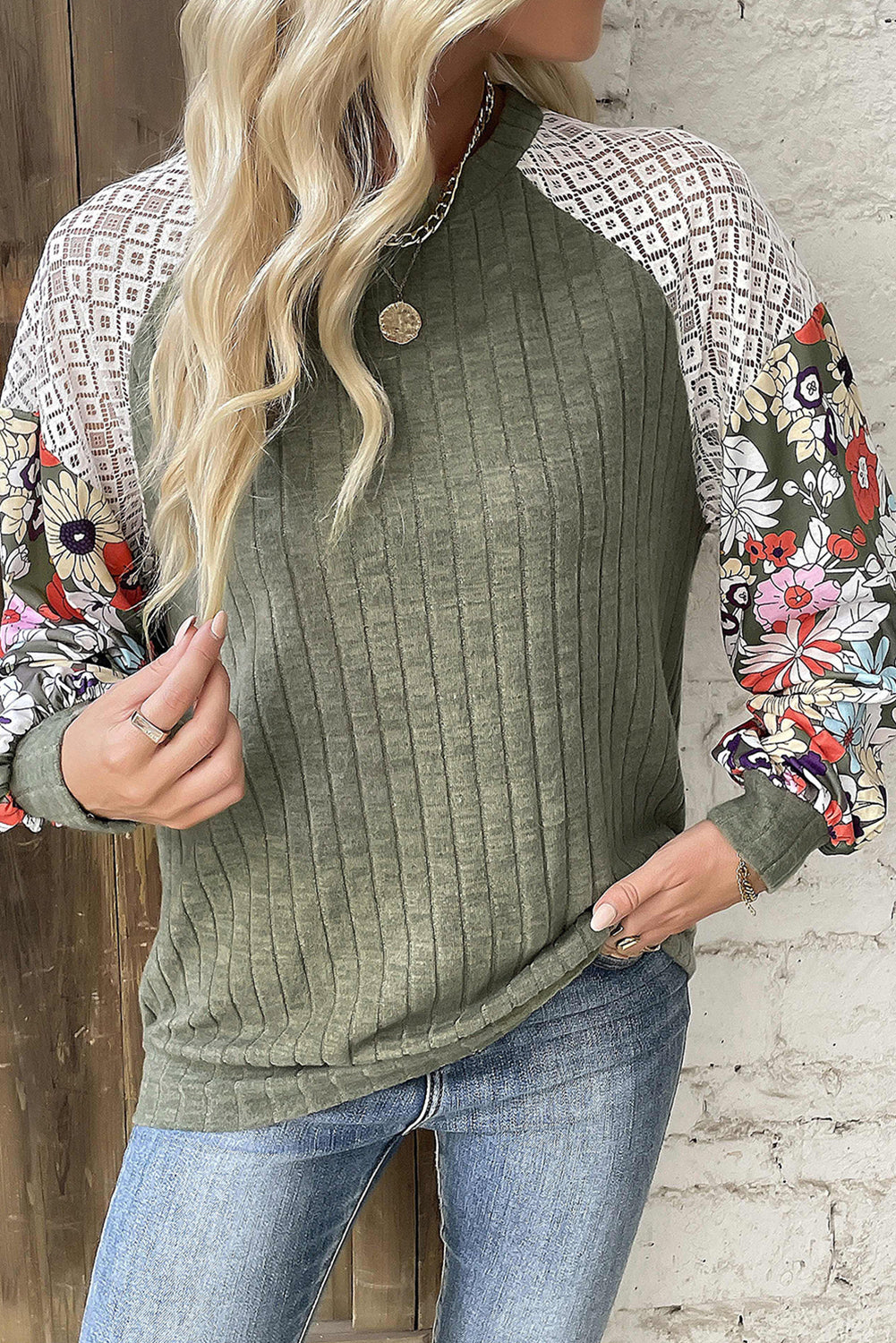 Laurel Green Floral Patchwork Ribbed Blouse