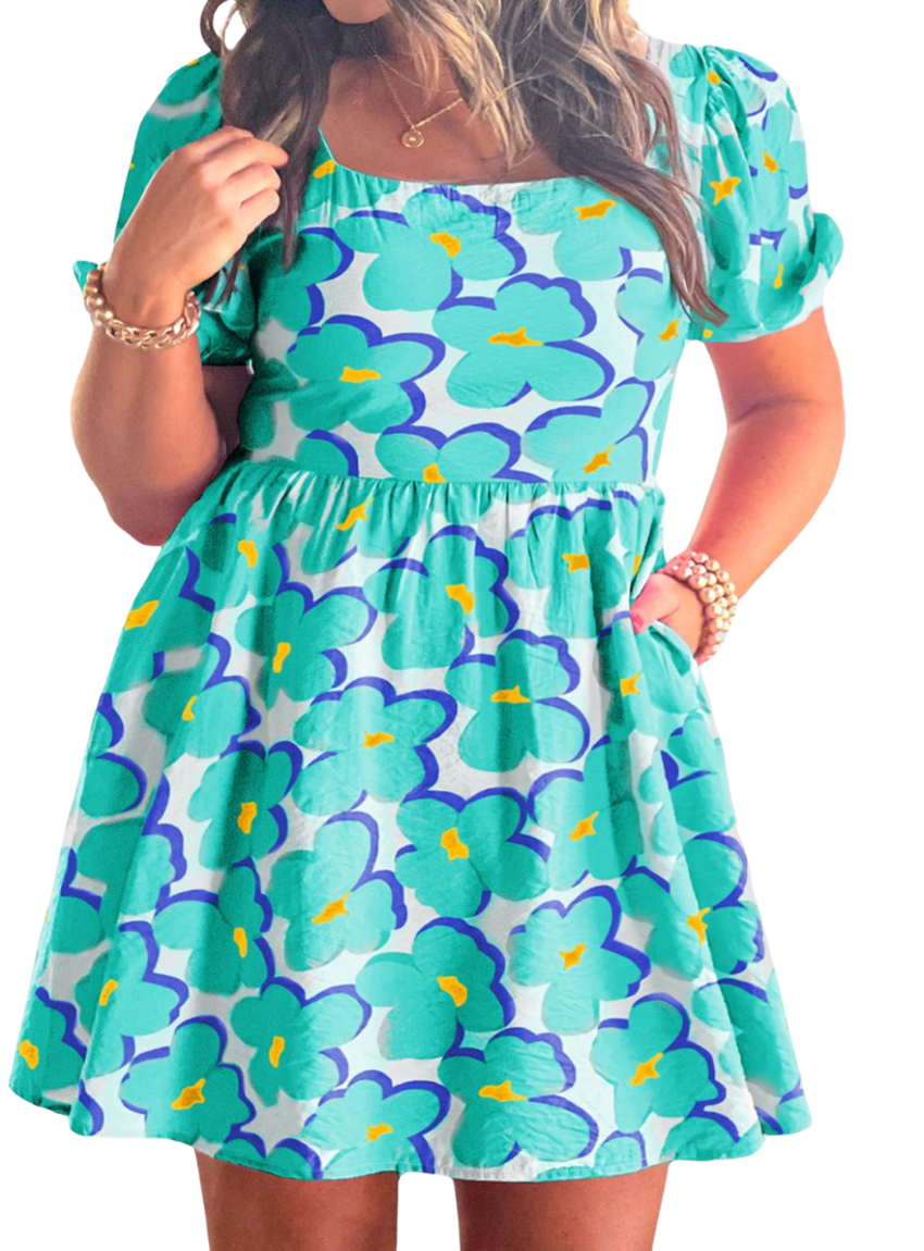 Chic teal or pink printed dress with a square neck and short sleeves, perfect for summer style and comfort.