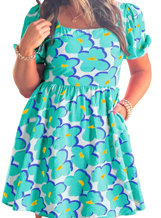 Chic teal or pink printed dress with a square neck and short sleeves, perfect for summer style and comfort.