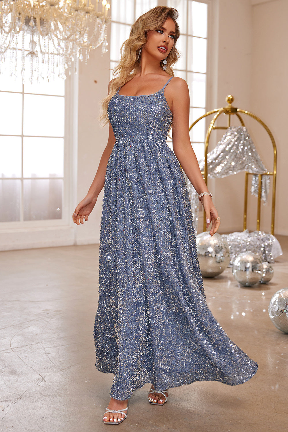 Formal Square Neck Maxi Dress with Spaghetti Straps Adorned with All-Over Sequins