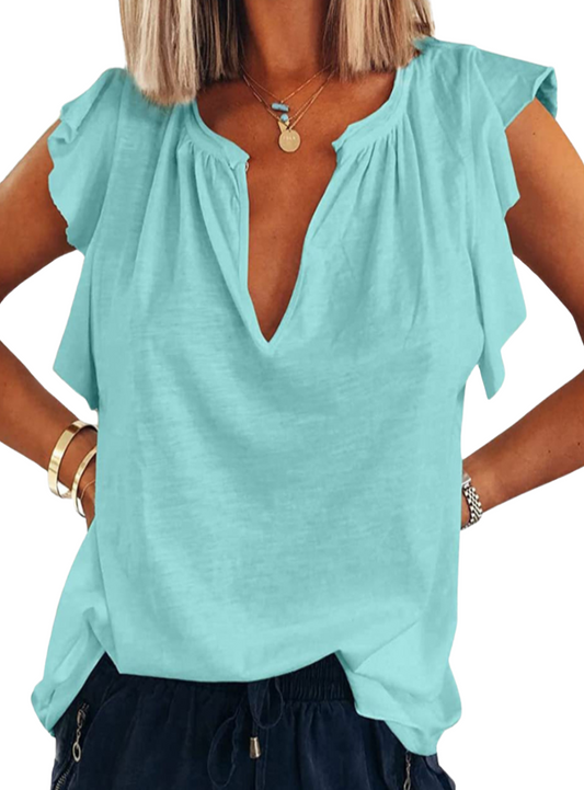 Chic Ruffled Notched Cap Sleeve T-Shirt in white, pink, sage & blue. Perfect blend of comfort & style for every occasion. Shop now!