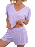 Cozy yet chic V-neck top and shorts set in lavender. Perfect for lounging or casual outings with breathable fabric for all-day comfort.