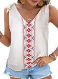 White tank top with colorful embroidered front design and tie shoulder straps