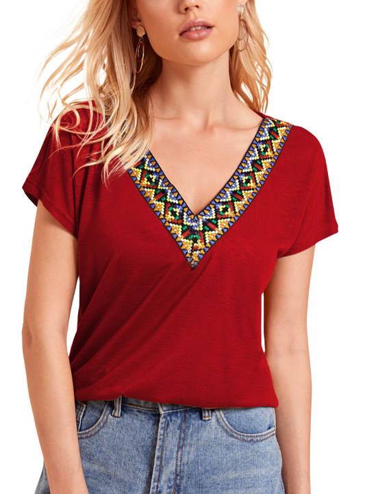 Elevate your casual style with our vibrant V-Neck Short Sleeve T-Shirt. Featuring a chic tribal pattern, it offers comfort and versatility.