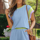 Pastel blue and green color block short set with matching top