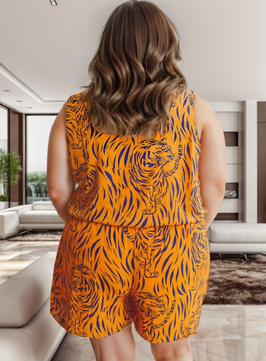 Turn heads in this bold Plus Size Tiger Print Romper. Perfect V-neck fit for a stunning, confident look. Shop now and let your style roar!