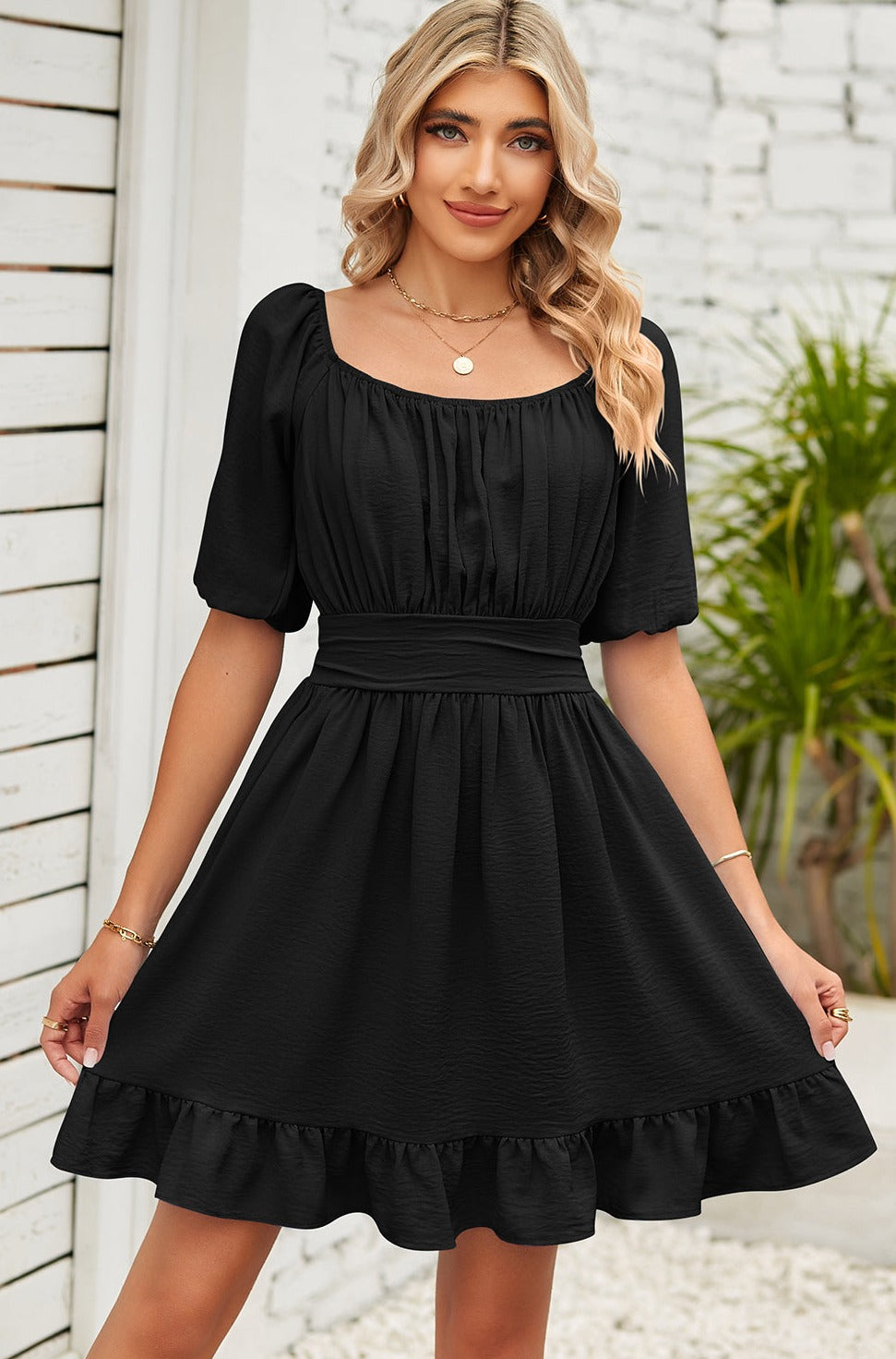 Chic Ruched Ruffle Hem Dress in black, pink, or blue - perfect for any occasion. Flattering, versatile, and comfortable style for all.