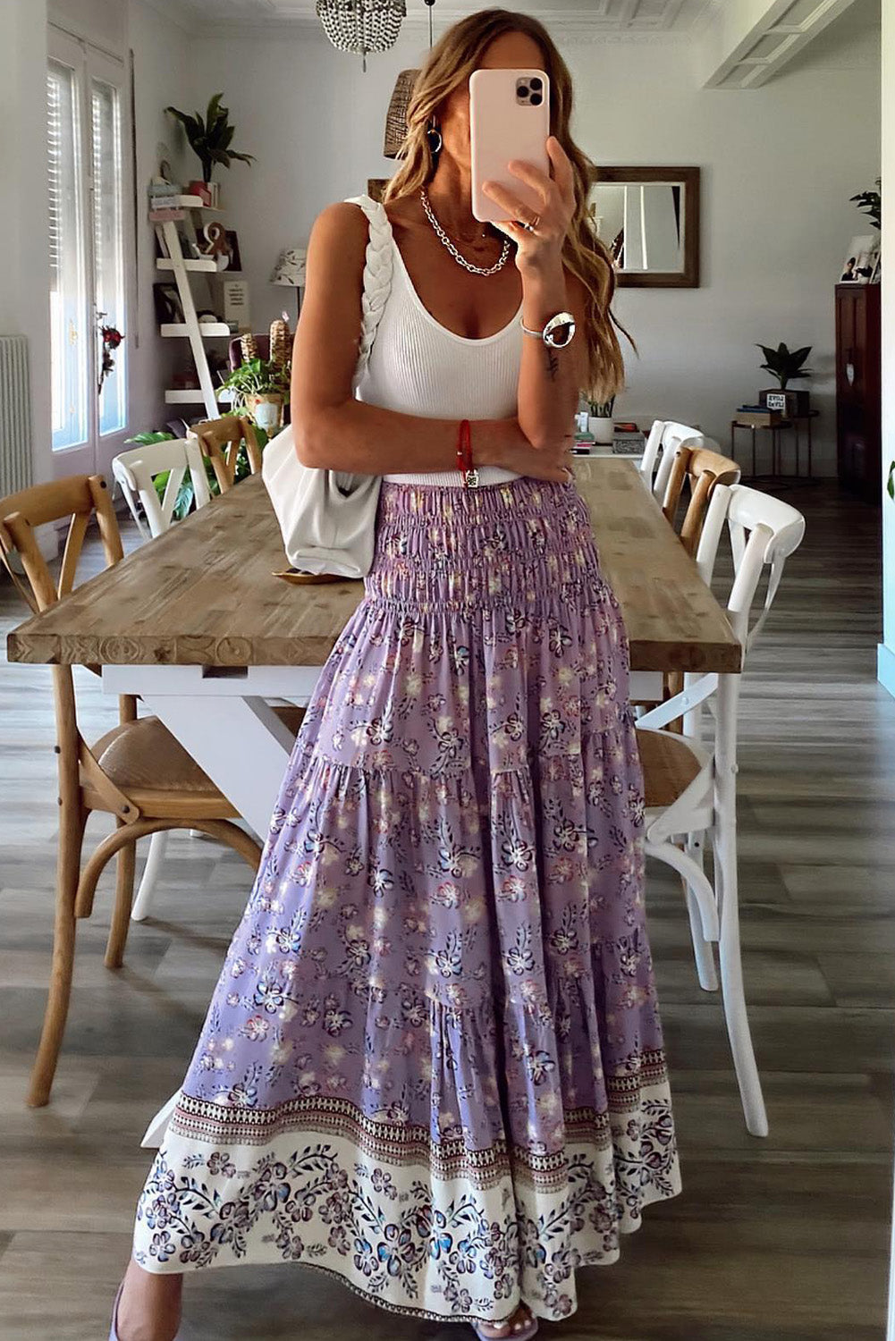 Comfortable smocked waist lavender boho skirt