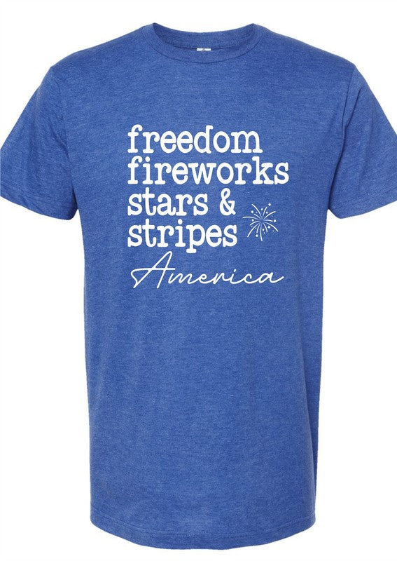 Patriotic blue "Freedom, Fireworks, Stars & Stripes" shirt