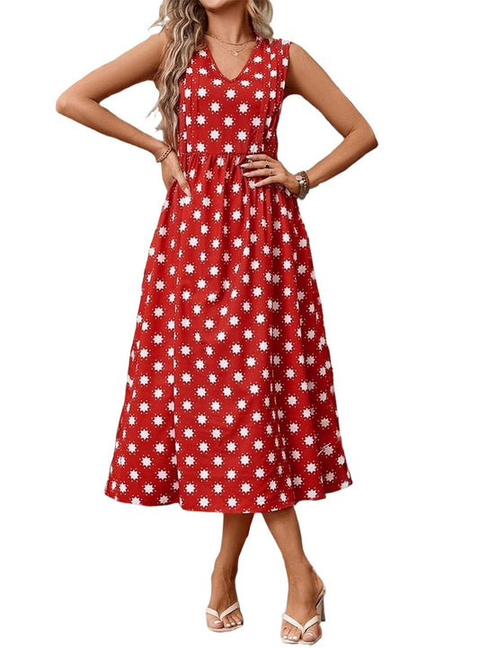 Red midi dress with white daisy pattern and sleeveless design