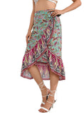 Colorful paisley wrap skirt with asymmetrical hemline.
